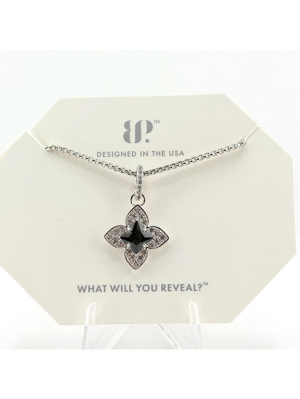 Bomb Party Necklace "Hurry, Take Clover" Black Onyx on Rhodium NK76322